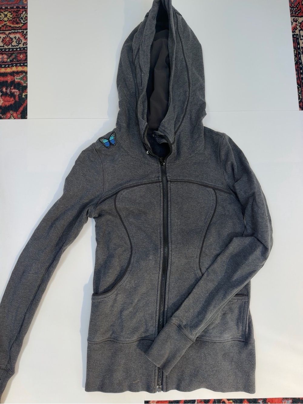 Lululemon Scuba Hoodie Gray Full Zip Thumbholes Custom Butterfly Patches Size 4